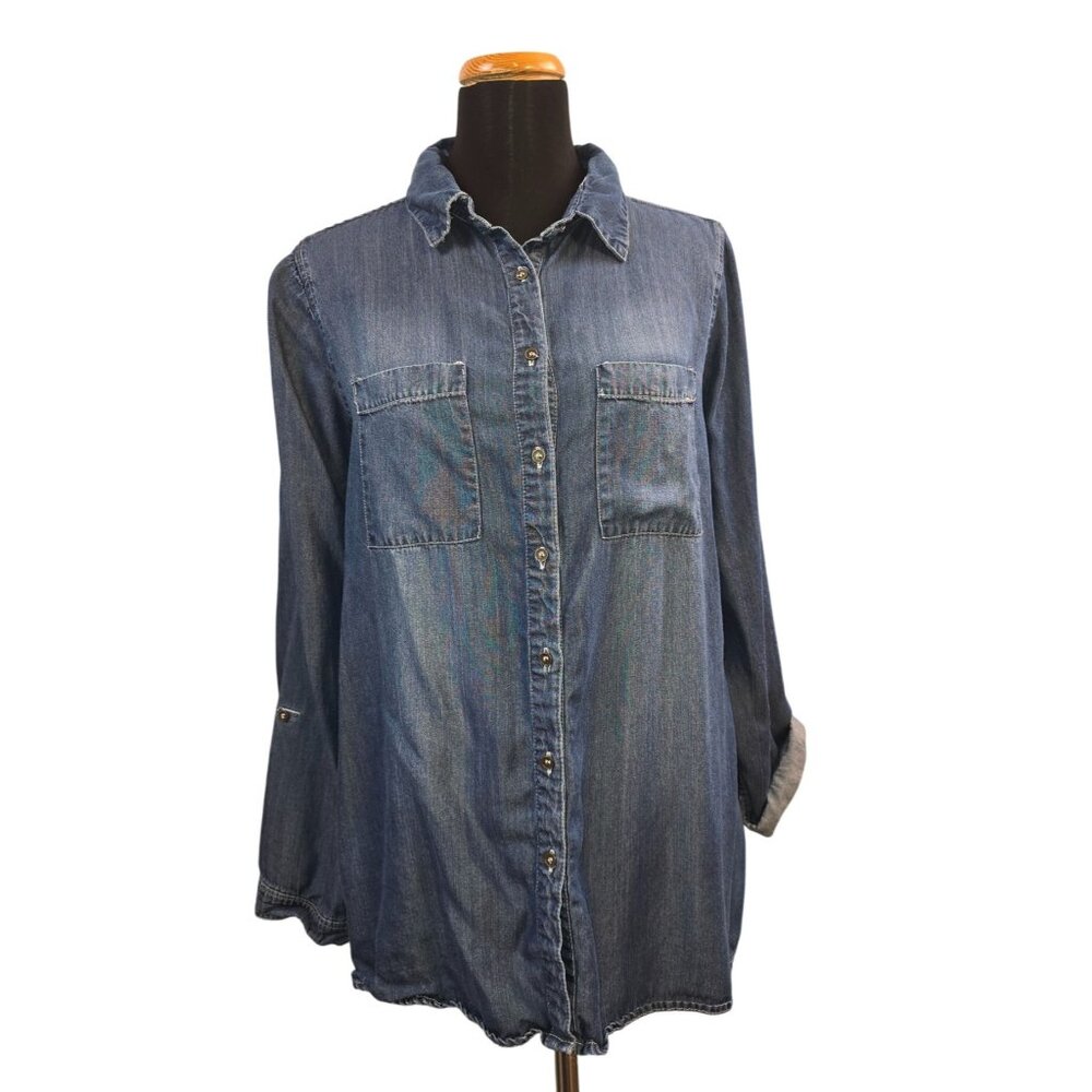 Skylar & Jade Women's Long Sleeve Denim Top with Velvet flowers on back Size XL